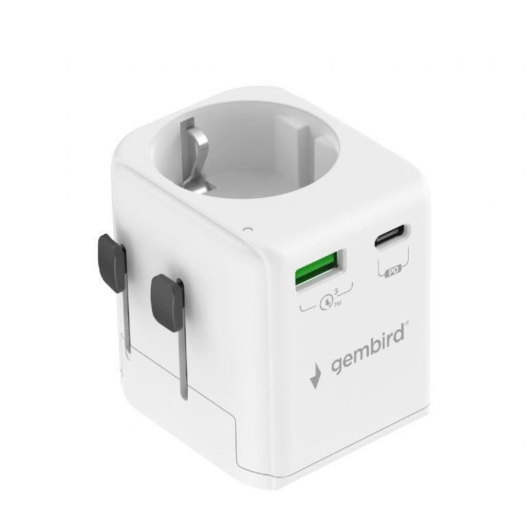 f36a28c5-c17b-4b7a-be7b-671a2d8caa23 Gembird TPA-EU1A1C20-01-W Grounded universal travel power adapter, 20 W, white | Gembird