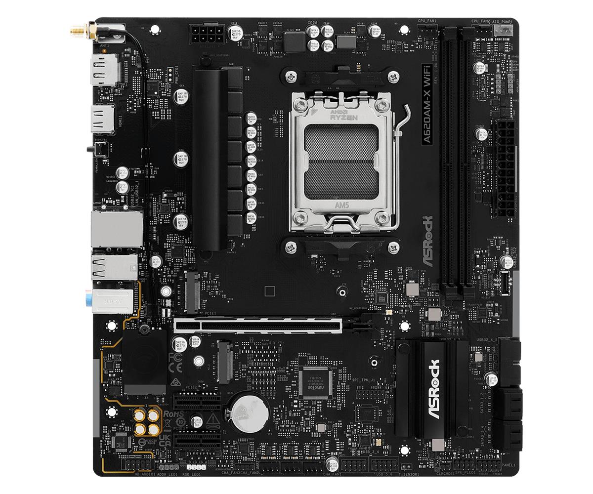 f3f47a70-6e08-470c-9f2a-28fc84a3b80d ASROCK A620AM-XWIFI motininė plokštė, vaizdas iš šono su jungčių išdėstymu