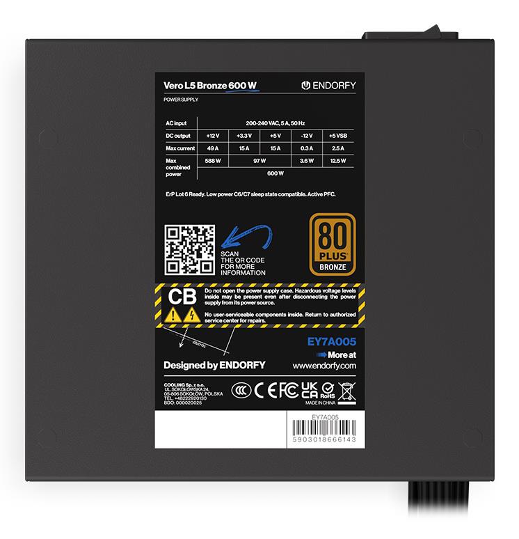 f733bf74-1a97-4b43-b1ee-4c3b3a7cd19b Power Supply ENDORFY Vero L5 Bronze 600 W 600 Watts Efficiency 80 PLUS BRONZE MTBF 80000 hours EY7A005