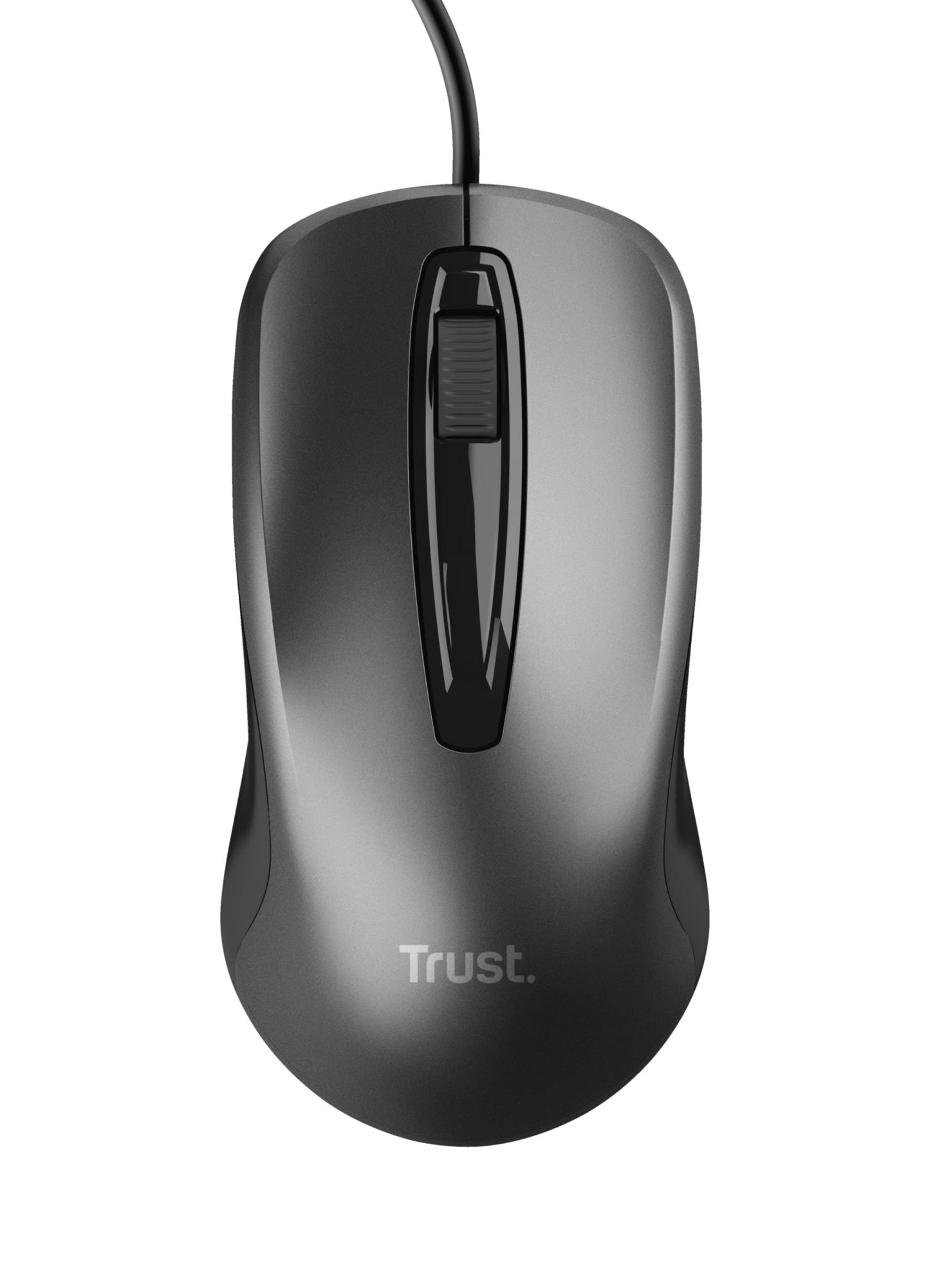f9589528-c101-4cf7-8b10-de6d369dee6a Pelė TRUST USB optinė, juoda, matoma iš viršaus su trimis mygtukais