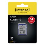 Atminties kortelė Intenso SDXC 64GB, matoma iš šono, su etiketėmis
