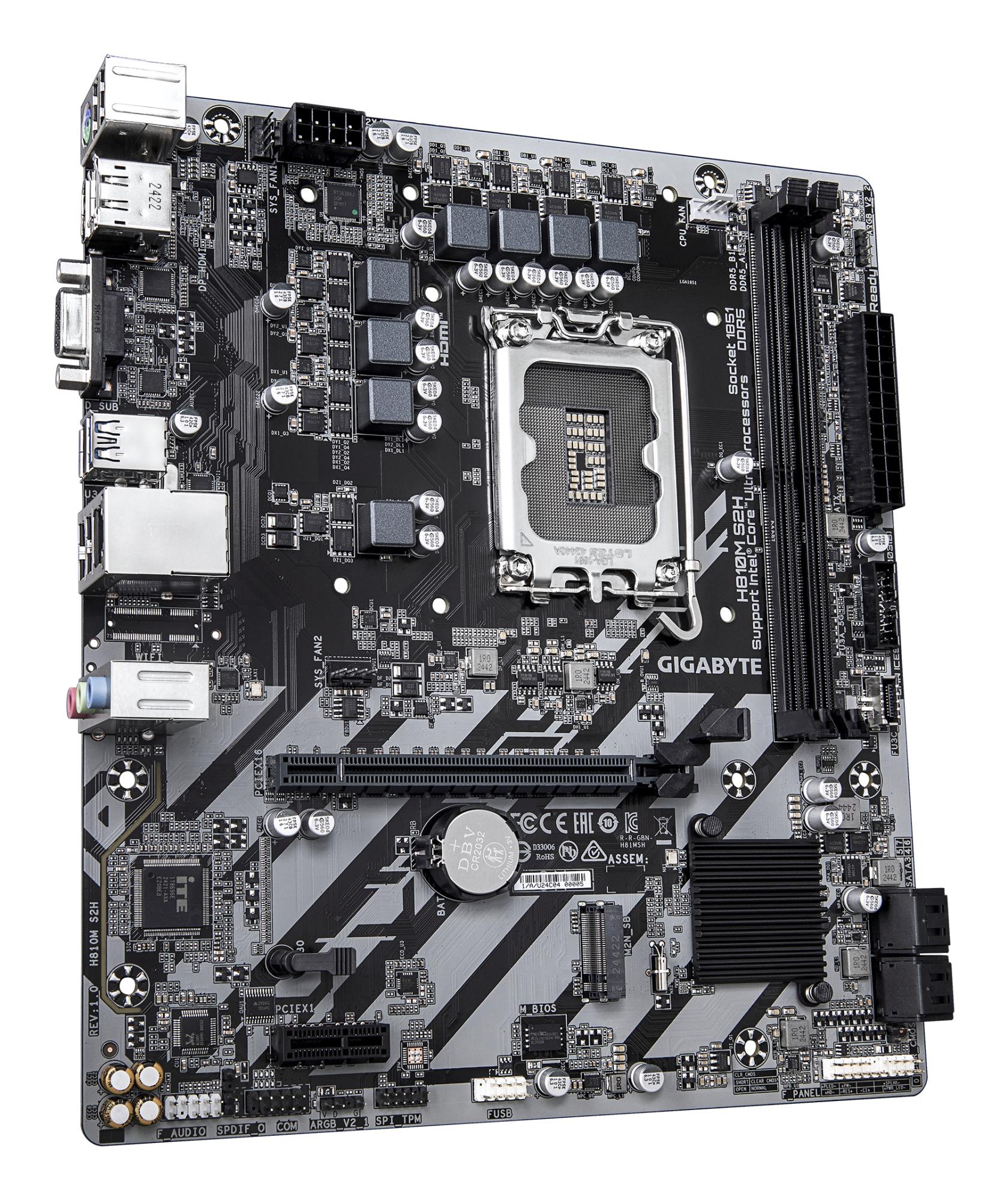 fbf57b91-f396-4e50-8140-c741aeced64d Motininė plokštė GIGABYTE H810M S2H, viršutinė perspektyva su atminties slotais