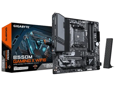 Gigabyte B550M GAMING X WIFI6   Processor family AMD   Processor socket AM4   DDR4 DIMM   Supported hard disk drive interfaces SATA, M.2   Number of SATA connectors 4