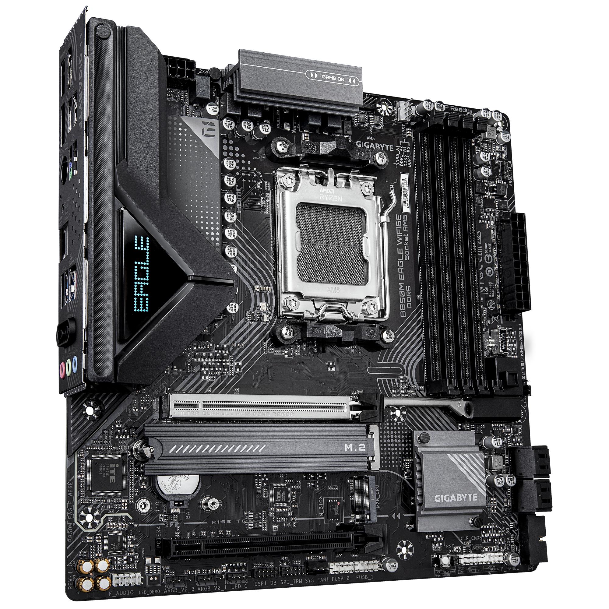 601ea772-cb18-4a95-bdcd-fa6dc3734a39-1 Motininė plokštė GIGABYTE B850M EAGLE WF6E, šoninis vaizdas su jungtimis ir lizdais