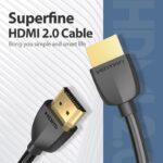 HDMI kabelis 3M, VENTION, rodomas iš šono, pabrėžiant ploną konstrukciją