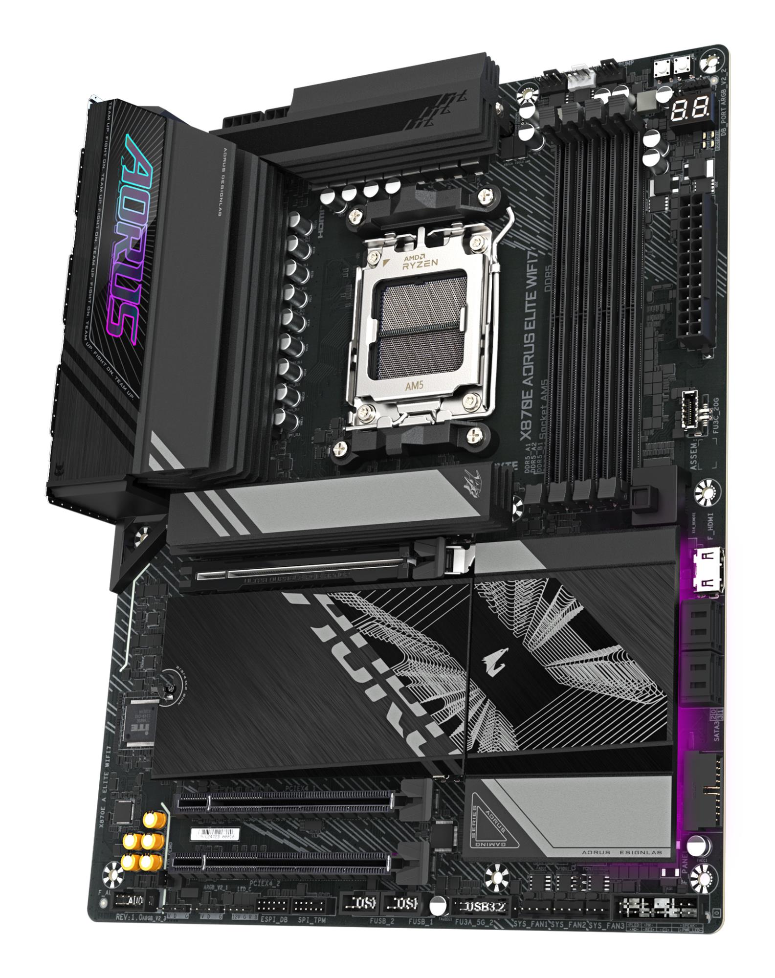 b5dcd303-37cd-48f1-8b87-7946e814bd05 Mainboard GIGABYTE AMD X870E SAM5 ATX Memory DDR5 Memory slots 4 1xPCI-Express 3.0 4x 1xPCI-Express 4.0 4x 1xPCI-Express 5.0 16x 4xM.2 1xHDMI 4xUSB 2.0 6xUSB 3.2 2xUSB-C 1xOptical S/PDIF 1xRJ45 2xAudio port X870EAELITEWIFI71.2
