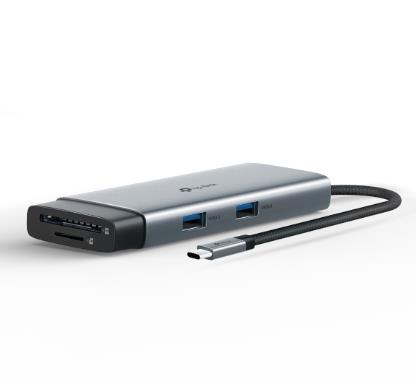 f60d9858-779f-4040-838d-2242de4ec3cb-1 Adapterio USB-C 7PORT/UH7021C priekis su visomis jungtimis ir lizdais