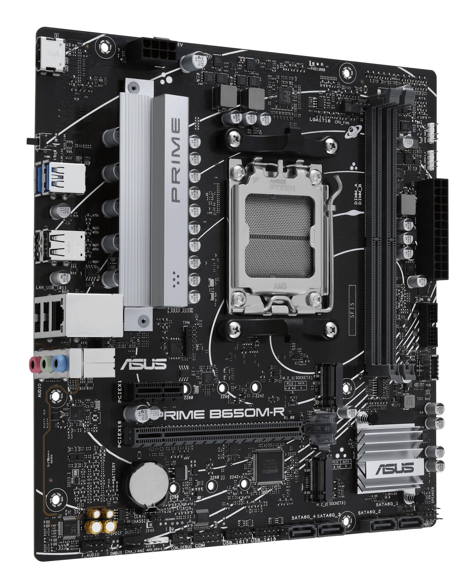 0caae0b8-6476-4c99-a0cf-341cfbd7b2de Mainboard ASUS AMD B650 SAM5 Micro-ATX Memory DDR5 Memory slots 2 1xPCI-Express 4.0 1x 2xPCI-Express 4.0 16x 2xM.2 1xHDMI 4xUSB 2.0 2xUSB 3.2 1xRJ45 3xAudio port PRIMEB650M-R