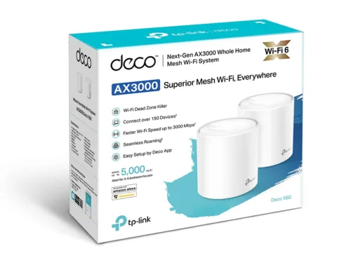 AX3000 Whole Home Mesh Wi-Fi 6 System   Deco X60 (2-pack)   802.11ax   2402+574 Mbit/s   10/100/1000 Mbit/s   Ethernet LAN (RJ-45) ports 2   Mesh Support Yes   MU-MiMO Yes   Antenna type 4xInternal per Deco uni