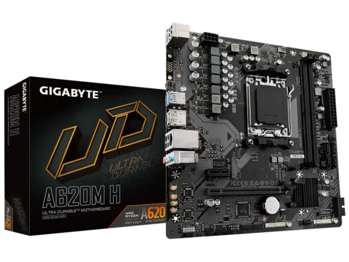 Gigabyte   A620M H 1.0 M/B   Processor family AMD   Processor socket AM5   DDR5 DIMM   Memory slots 2   Supported hard disk drive interfaces SATA, M.2   Number of SATA connectors 4   Chipset AMD A620   Micro ATX