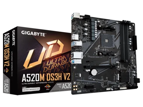 Gigabyte   A520M DS3H V2   Processor family AMD   Processor socket AM4   DDR4 DIMM   Memory slots 2   Number of SATA connectors 4   Chipset AMD A520   Micro ATX