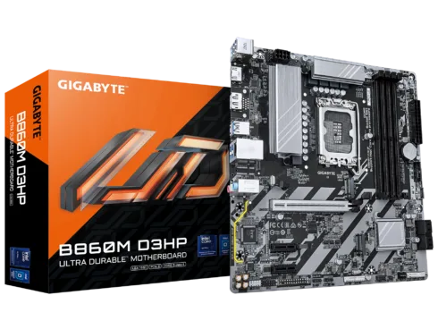 Gigabyte B860M D3HP   Processor family Intel   Processor socket LGA1851   DDR5   Supported hard disk drive interfaces M.2, SATA   Number of SATA connectors 4