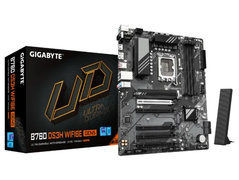 Gigabyte B760 DS3H WF6E GEN5   Processor family Intel   Processor socket LGA1700   DDR5   Supported hard disk drive interfaces M.2, SATA   Number of SATA connectors 4
