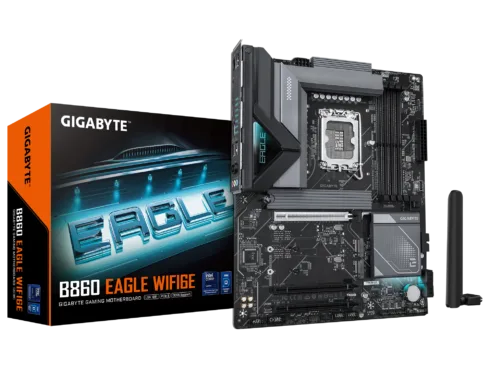 Gigabyte B860 EAGLE WIFI6E   Processor family Intel   Processor socket LGA1851   DDR5   Supported hard disk drive interfaces SATA, M.2   Number of SATA connectors 4