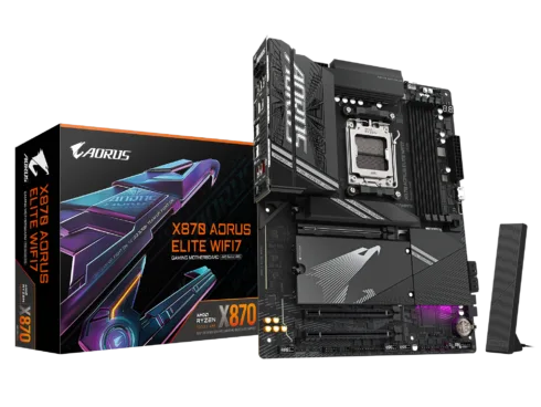 Gigabyte X870 AORUS ELITE WIFI7   Processor family AMD   Processor socket AM5   DDR5   Supported hard disk drive interfaces SATA, M.2   Number of SATA connectors 4