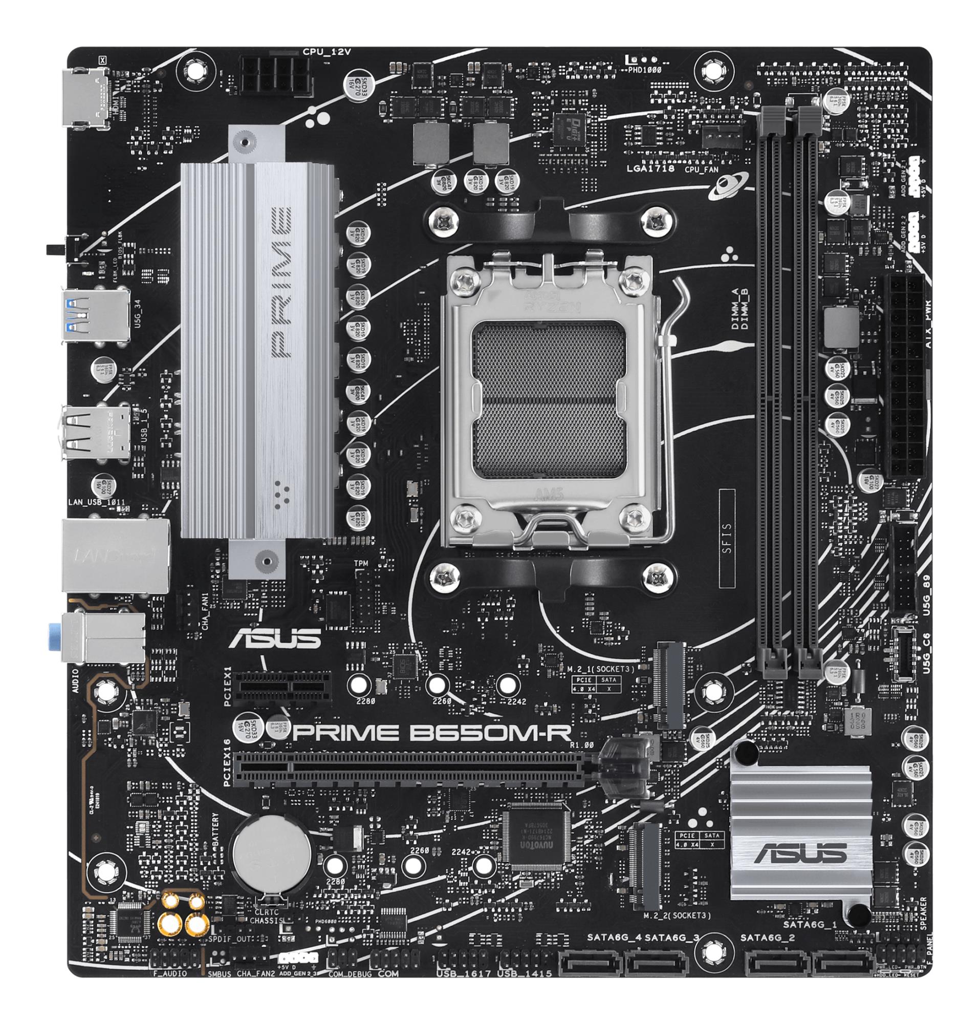 de0aee33-bd3e-473a-8ab2-7f25c227d5f6 Mainboard ASUS AMD B650 SAM5 Micro-ATX Memory DDR5 Memory slots 2 1xPCI-Express 4.0 1x 2xPCI-Express 4.0 16x 2xM.2 1xHDMI 4xUSB 2.0 2xUSB 3.2 1xRJ45 3xAudio port PRIMEB650M-R