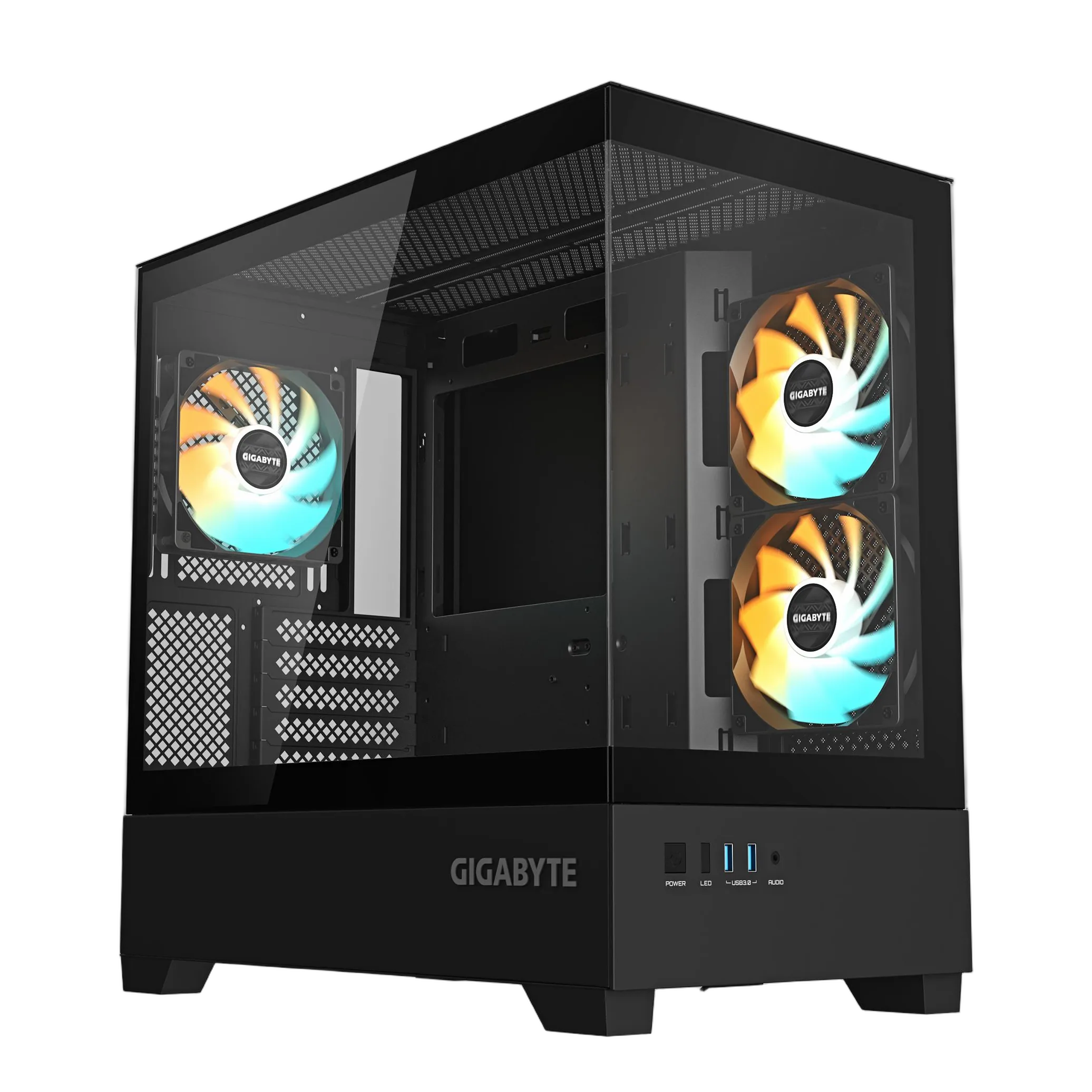 01f34a12-8743-40c8-9196-ddef46ee9a12-1 GIGABYTE C201 PANORAMIC juodas MidiTower korpusas su permatomu paneliu