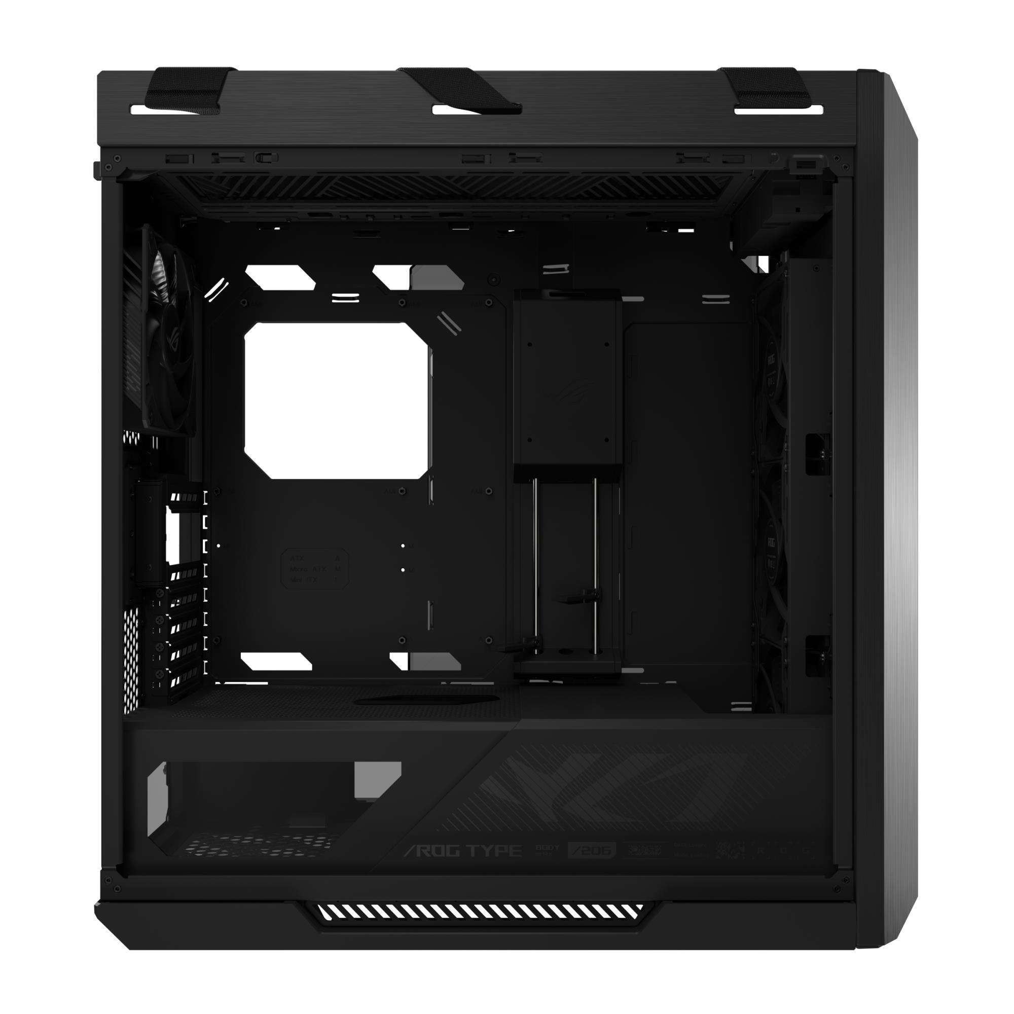 0c009337-0df8-4fe7-9f0b-403ab74671d1 Korpusas ASUS ROG Strix Helios II, matomas iš šono su atidarytomis stiklinėmis panelėmis