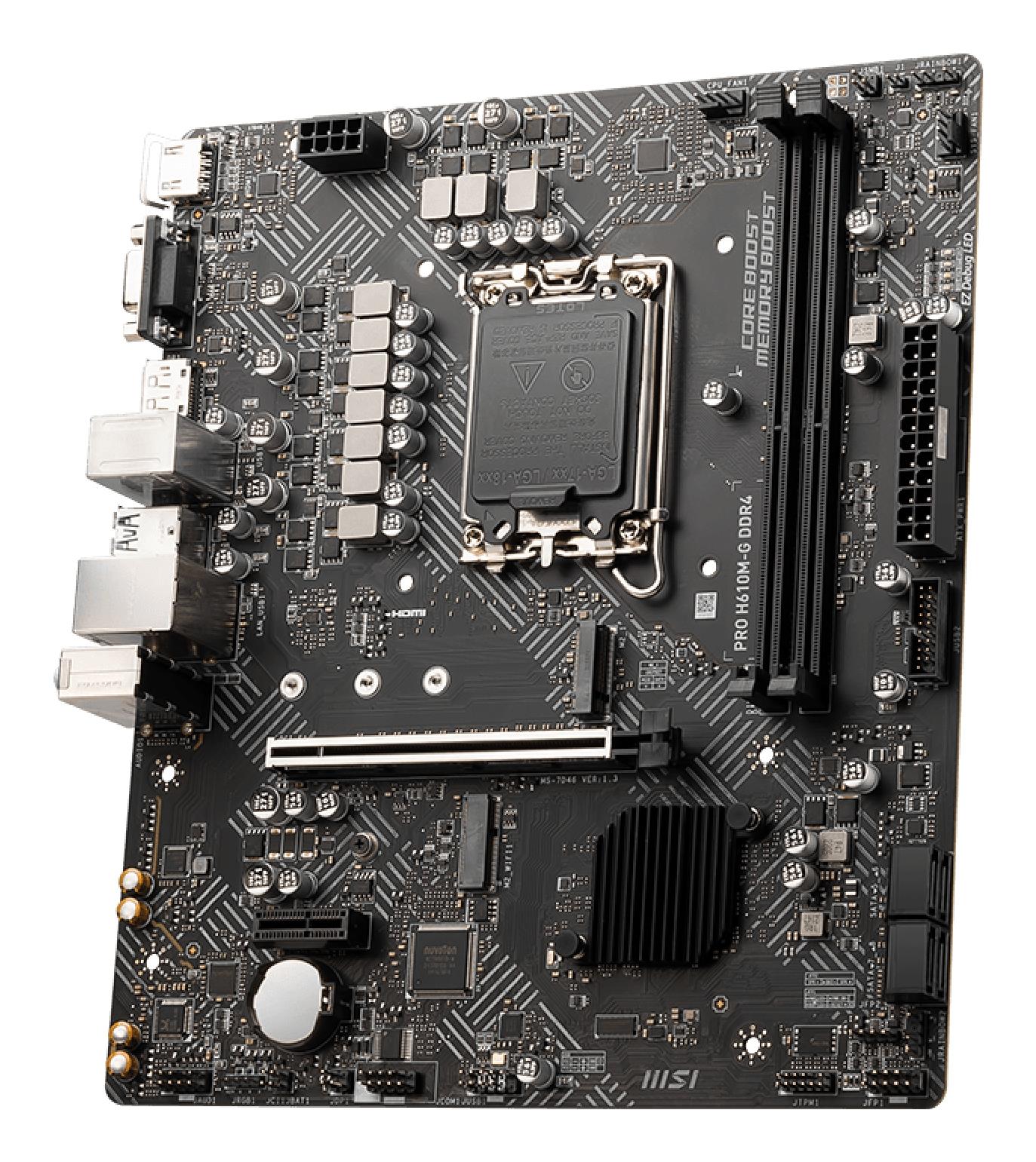 11cc6265-43eb-4b81-aa7c-fabb48e92e82 Motininė plokštė MSI PROH610M-GDDR4, vaizdas iš šono su jungtimis