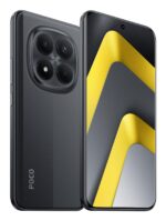 POCO M8 Pro 5G juodas mobilusis telefonas, šoninis vaizdas su ekrano ir mygtukų išdėstymu
