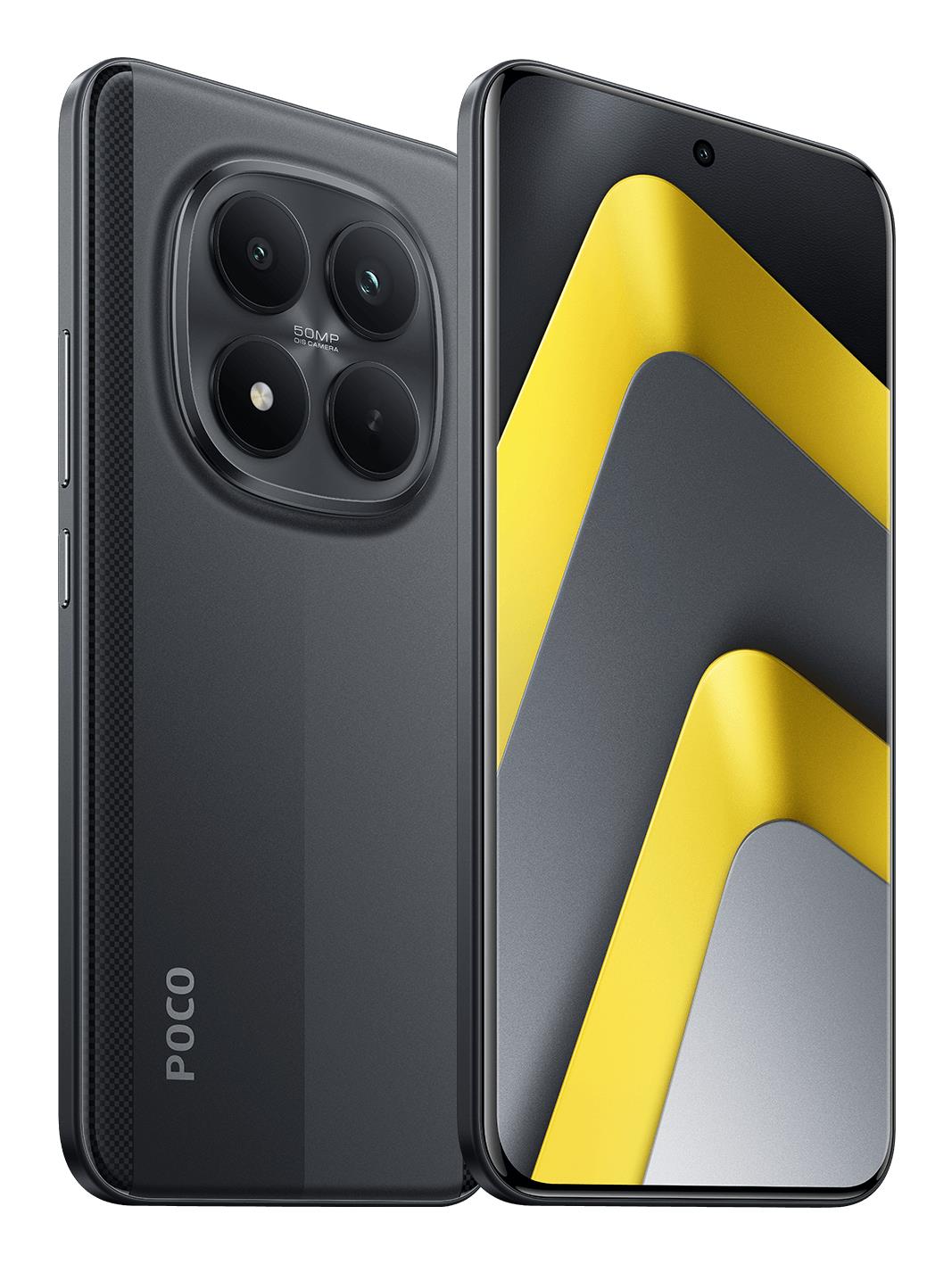 210d7322-7c05-4b04-8731-a443658467b3 POCO M8 Pro 5G juodas mobilusis telefonas, šoninis vaizdas su ekrano ir mygtukų išdėstymu