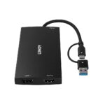 Adapteris USB-C/A į HDMI, matomas iš viršaus su jungtimis