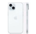 Apple iPhone 15“ mėlynas, šoninis vaizdas su ekranu ir mygtukais