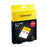SSD INTENSO 256GB SATA 3.0, matomas iš šono, su jungtimis ir etiketėmis