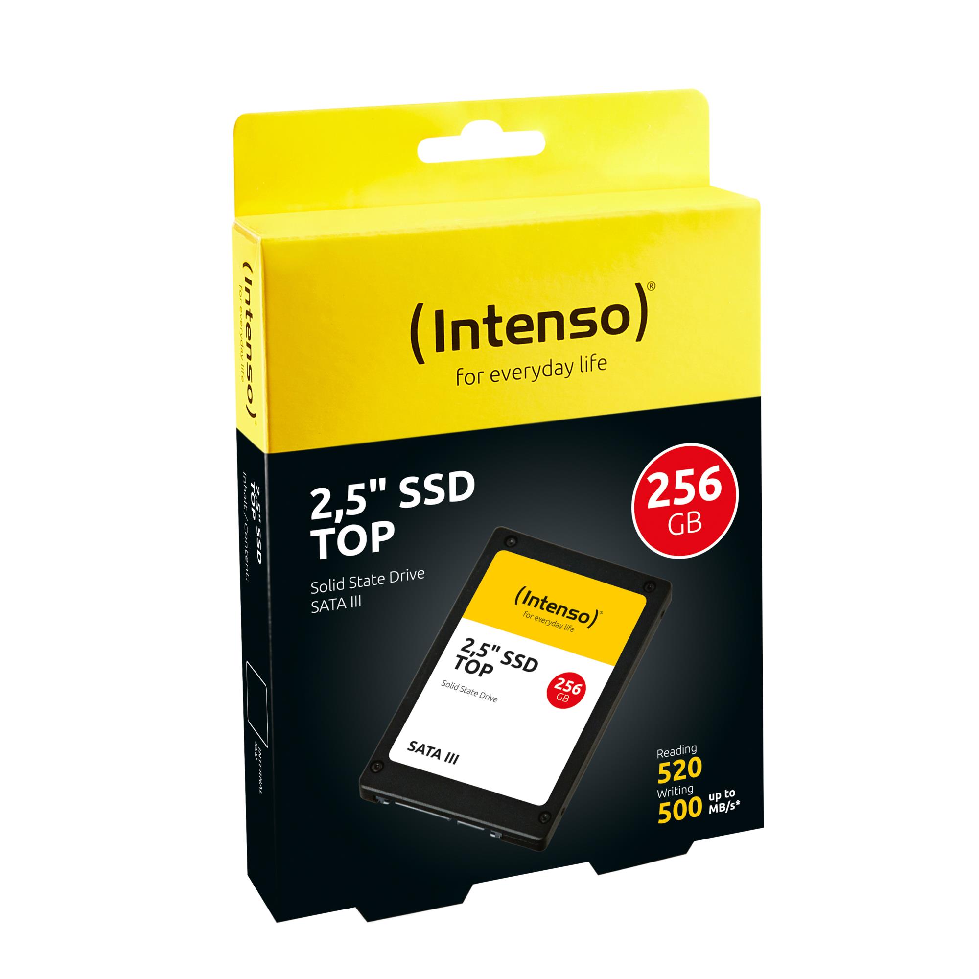 8fccf52b-d58a-4d40-ac6c-6b61209e6263 SSD INTENSO 256GB SATA 3.0, matomas iš šono, su jungtimis ir etiketėmis