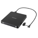 Išorinis DVD RW įrenginys Intenso, matomas iš šono su USB 3.2 jungtimi
