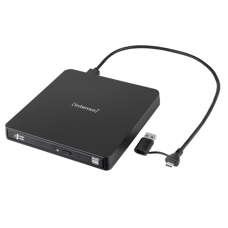 9cf16368-a943-44a4-8e9a-d6710c5e17d7 Išorinis DVD RW įrenginys Intenso, matomas iš šono su USB 3.2 jungtimi