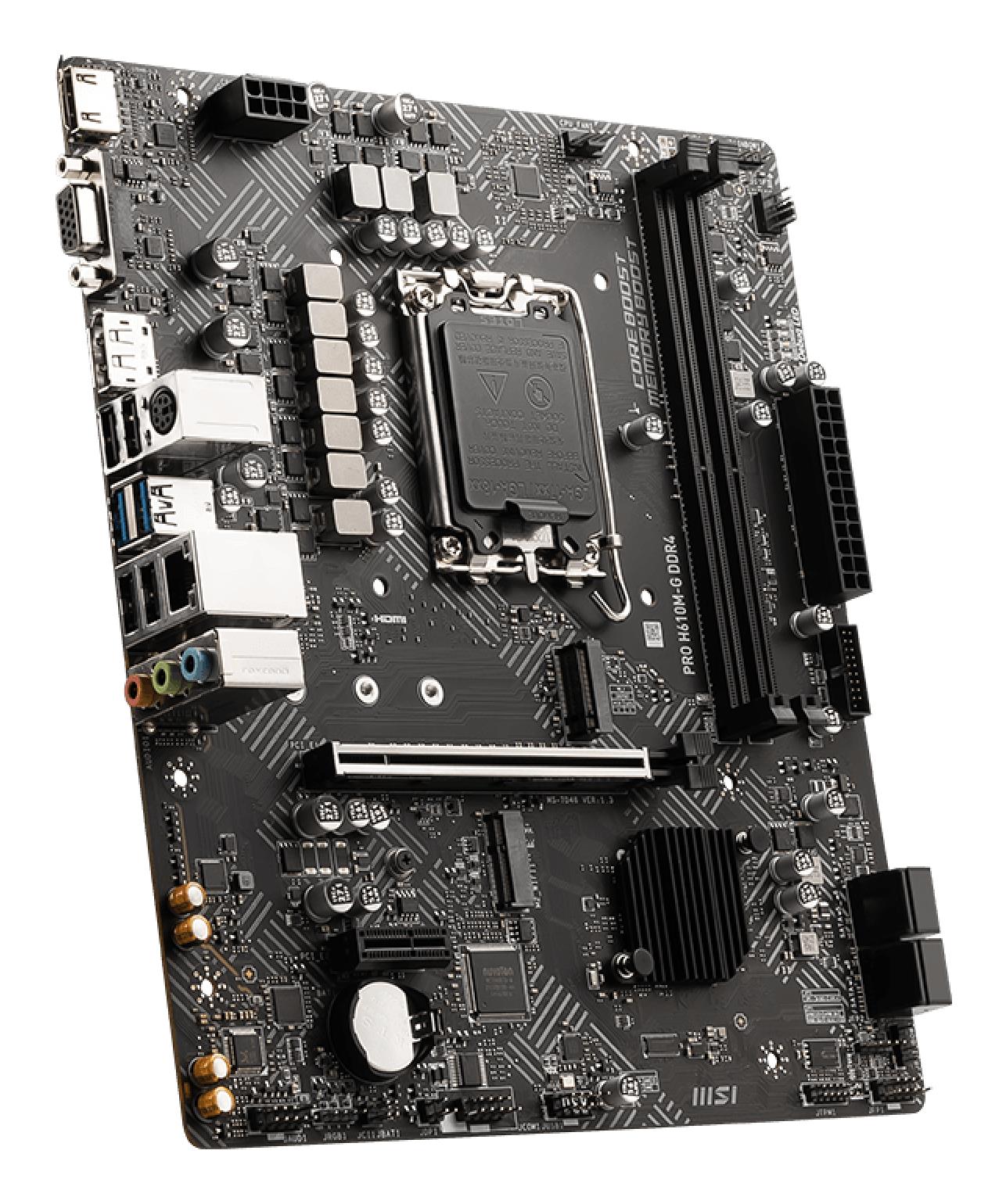 9d04248e-774d-4721-948d-f6daec0b9788 Motininė plokštė MSI PROH610M-GDDR4, vaizdas iš šono su jungtimis