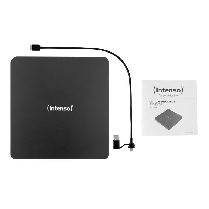 a1676e82-6004-48f3-8259-b8d078cc87ba Išorinis DVD RW įrenginys Intenso, matomas iš šono, su USB 3.2 jungtimi