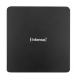 Išorinis DVD RW įrenginys Intenso, matomas iš šono su prijungtu USB kabeliu
