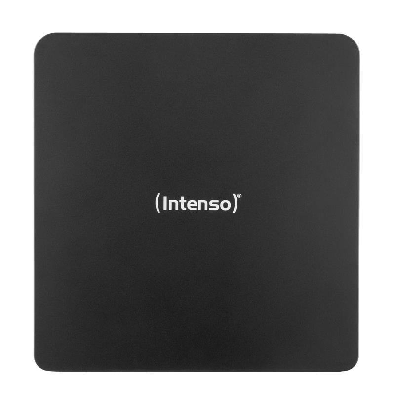 bee68bc5-3e27-4c0e-8a1e-82647afc83d3 Išorinis DVD RW įrenginys Intenso, matomas iš šono su prijungtu USB kabeliu