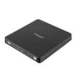 Išorinis DVD RW įrašymo įrenginys, matomas iš viršaus, su USB 3.2 jungtimi