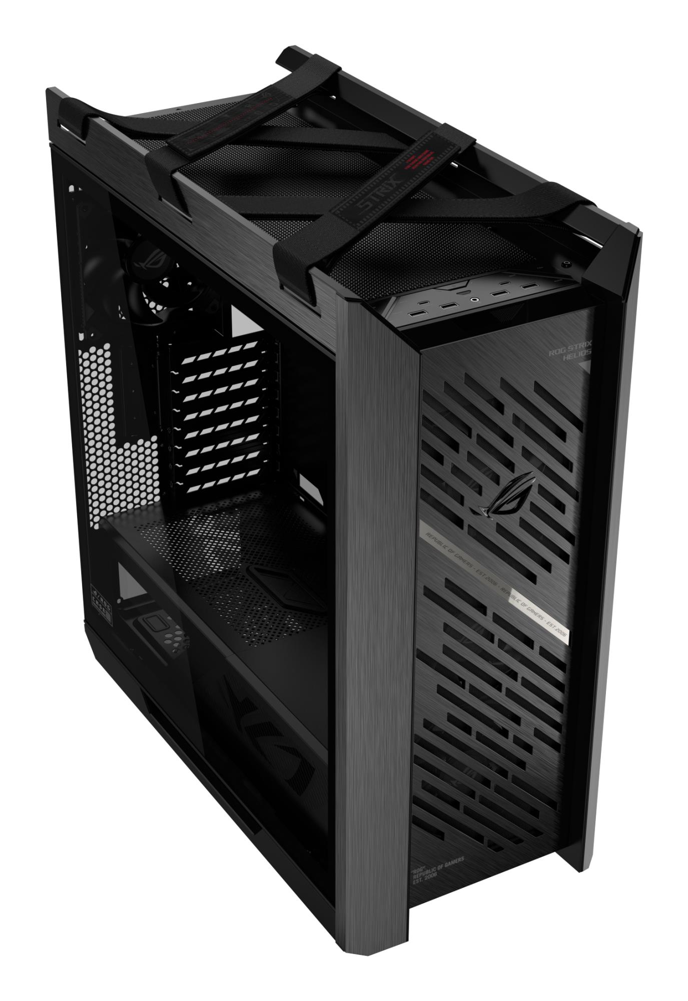 cb328c39-b100-4f0a-b516-26355e34084e Korpusas ASUS ROG Strix Helios II, šoninis vaizdas su stikliniais paneliais