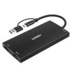 Adapteris USB-C/A į HDMI, matomas iš šono, su dviem HDMI prievadais