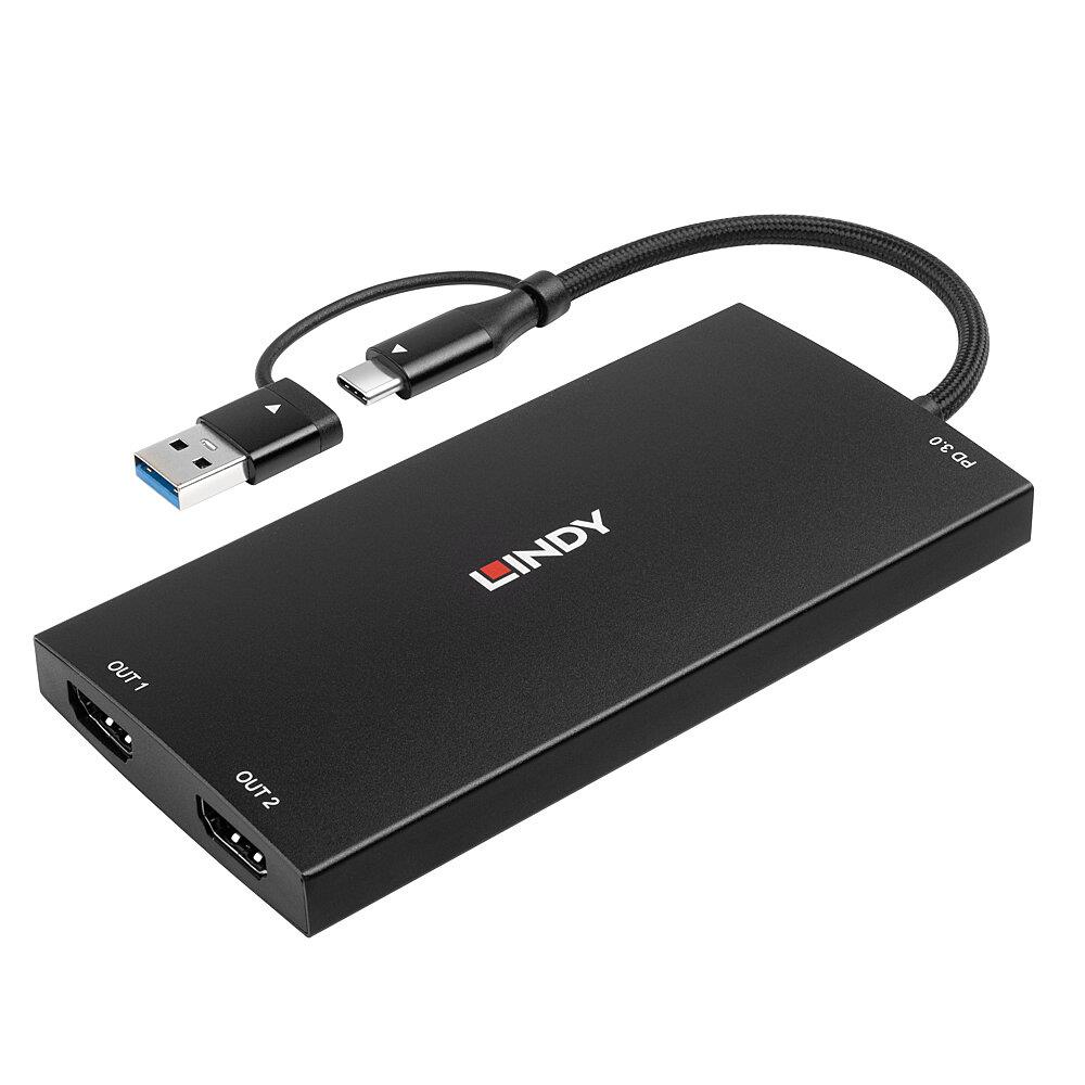 f523cd2a-fb6d-417f-8f79-76013fec5e81-1 Adapteris USB-C/A į HDMI, matomas iš šono, su dviem HDMI prievadais