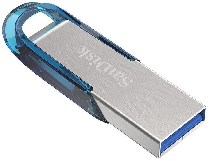 07eb44e1-50e5-4301-9582-f84bb939d4ca Atmintinė SanDisk Ultra Flair USB 3.0, matoma iš šono, su jungtimi