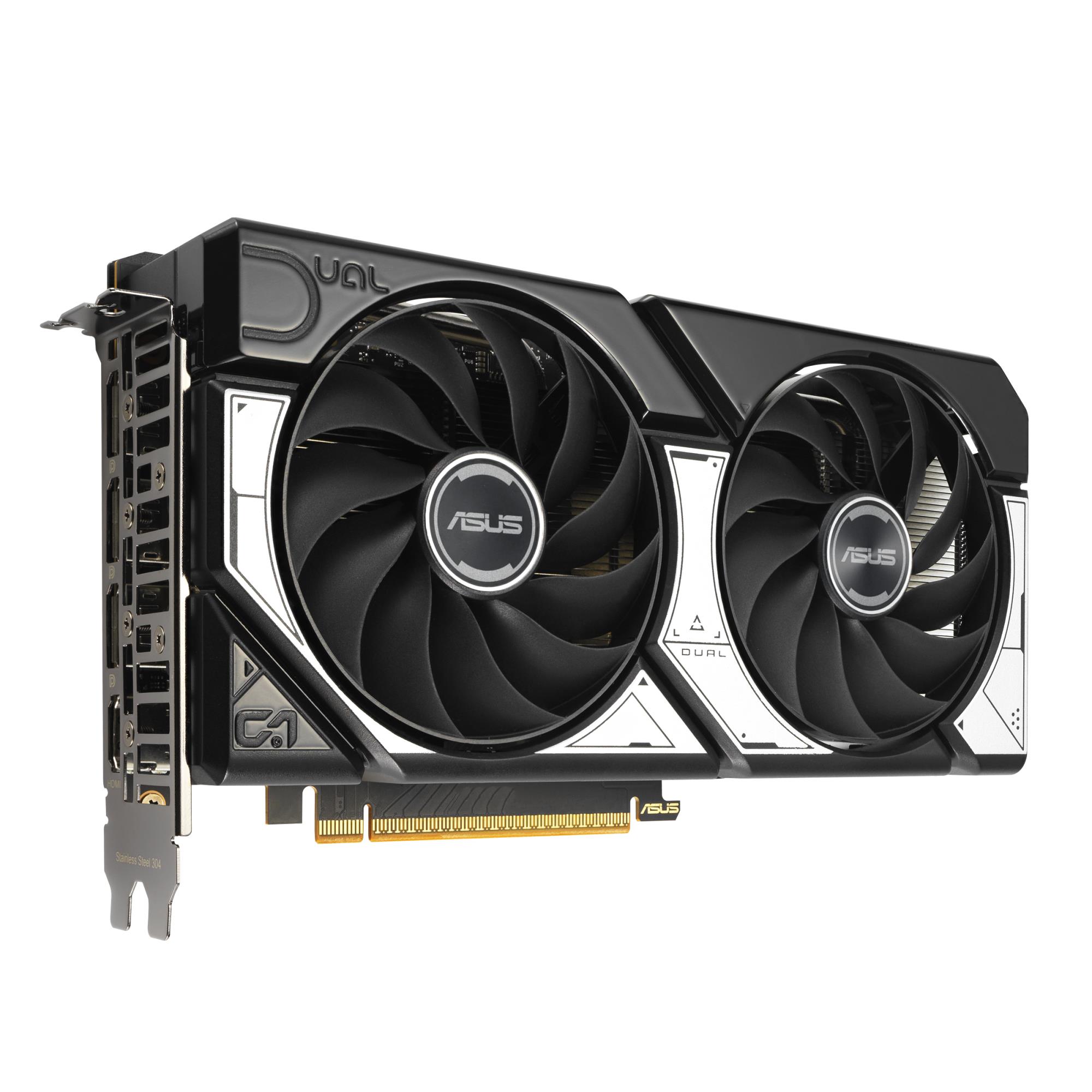 225e5d25-e530-417d-a131-3546166e8723 Vaizdo plokštė ASUS NVIDIA GeForce RTX 5060 su matomais HDMI ir DisplayPort jungtimis