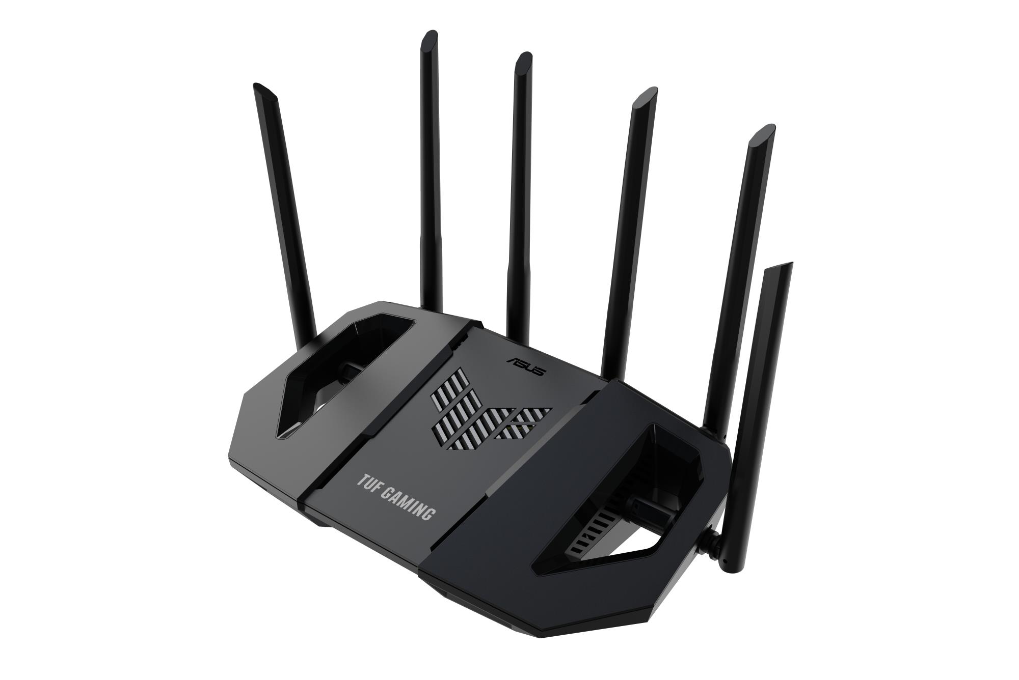 28e49ba2-a573-45f5-9cd5-beffe66098cf-1 Maršrutižatorius ASUS TUF Gaming BE6500, šoninis vaizdas su 6 antenomis