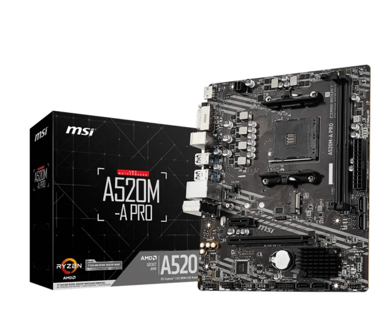 MSI A520M-A PRO su AMD A lustu ir AM4 procesoriaus lizdu