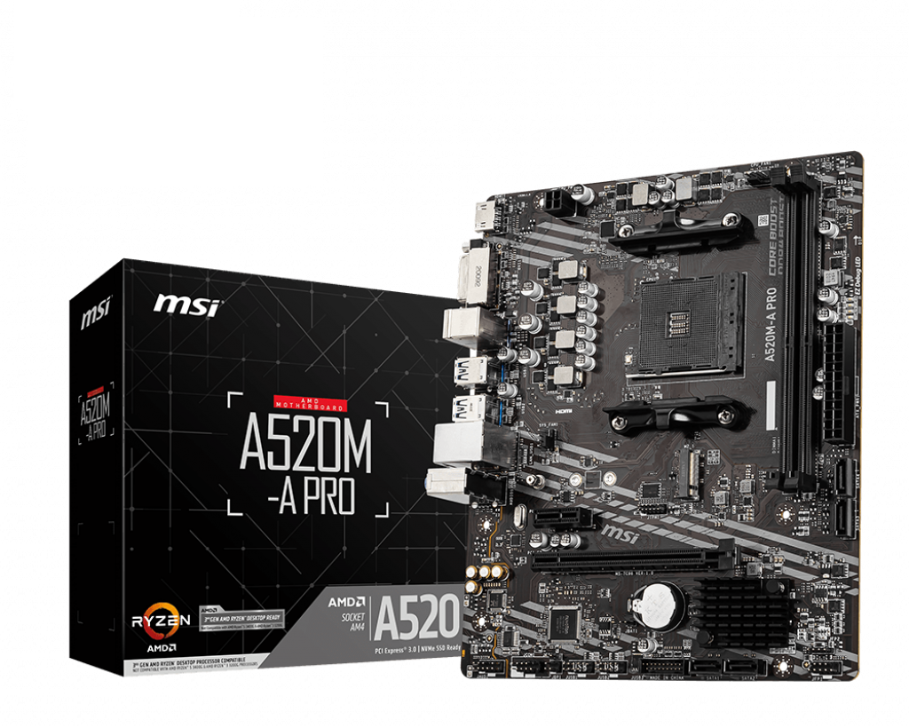 307396-a520m-a-pro-4719072749927-0.webp MSI A520M-A PRO su AMD A lustu ir AM4 procesoriaus lizdu