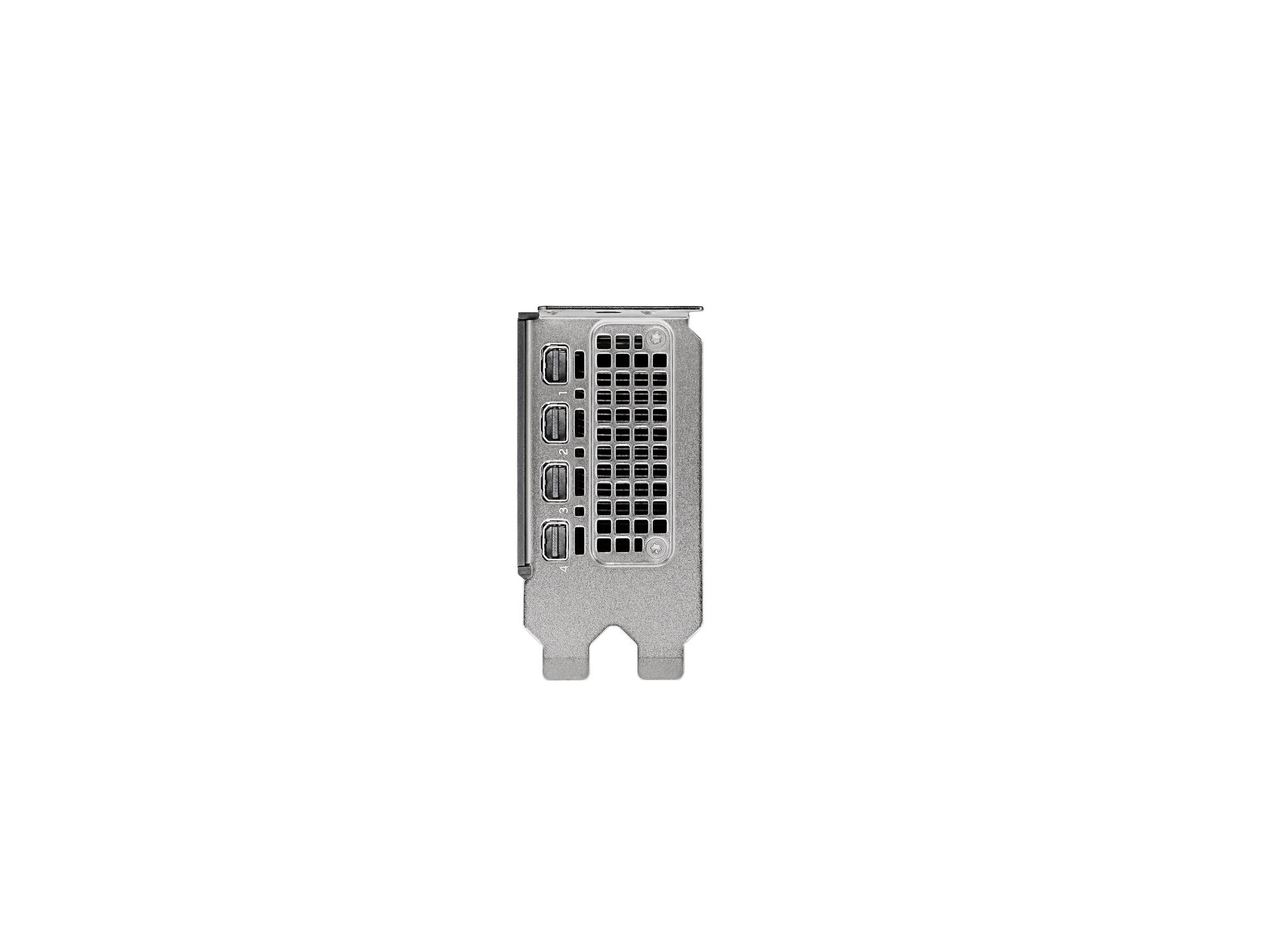 4c99b489-8f34-4026-8198-231d675c8541 Vaizdo plokštė PNY NVIDIA RTX 2000 Ada, šoninis vaizdas su jungtimis