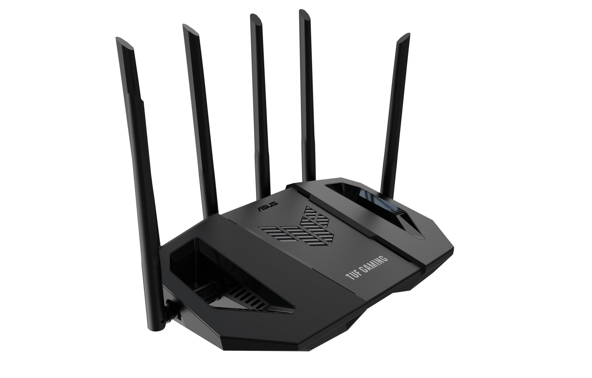 4f66a48a-b2a1-4a98-ac47-3c324028eefb-1 Maršrutižatorius ASUS TUF Gaming BE6500, šoninis vaizdas su 6 antenomis
