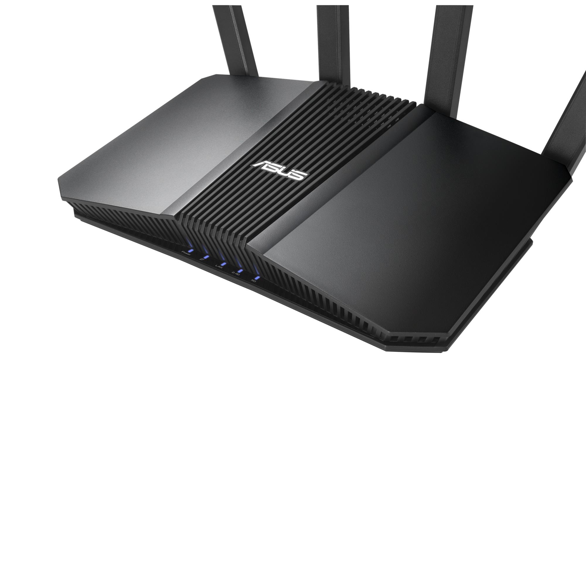 4f8bdf25-a5ae-4d62-984a-b35818a2e62d-1 ASUS RT-BE55 maršrutižatorius, vaizdas iš šono, matomi LAN prievadai
