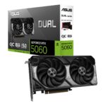 Vaizdo plokštė ASUS NVIDIA GeForce RTX 5060 su matomais HDMI ir DisplayPort jungtimis