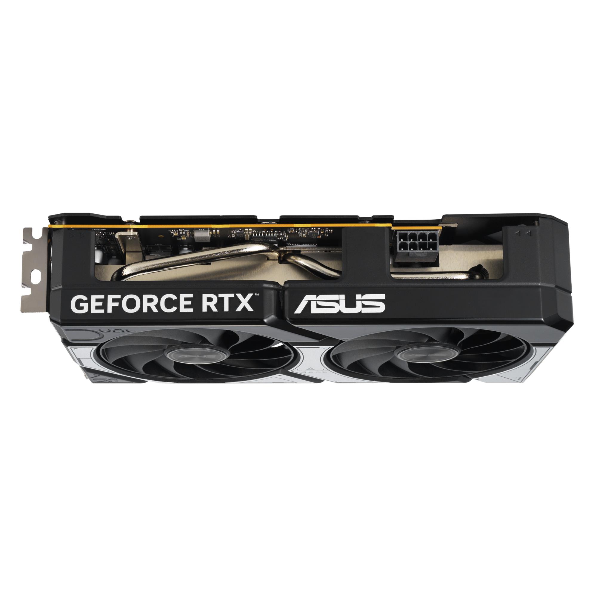 cb56f6b1-425e-45cd-be96-a34f984ddf42 Vaizdo plokštė ASUS NVIDIA GeForce RTX 5060, šoninis vaizdas su aušinimo sistema