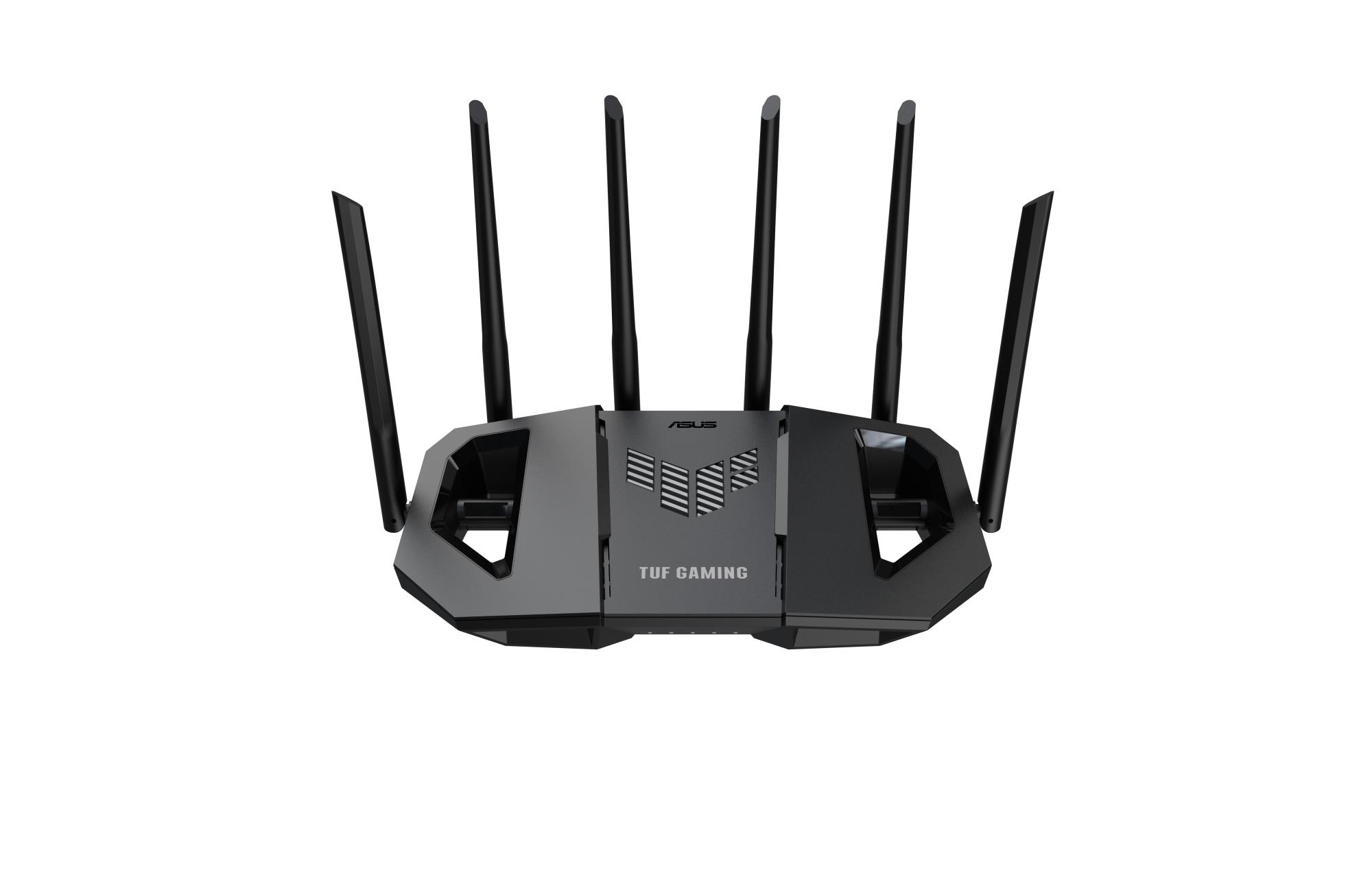 e3baaedb-96a5-4b41-a383-d0bd9a75d8a3-1 ASUS TUF Gaming BE6500 maršrutižatorius, šoninis vaizdas su antenomis